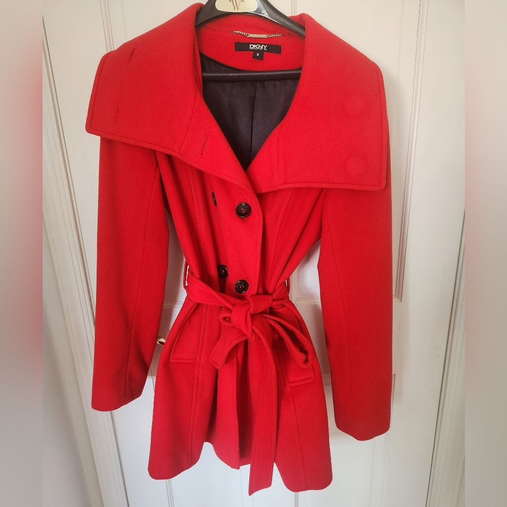 DKNYC Red Belted Trench Coat with Wide Collar